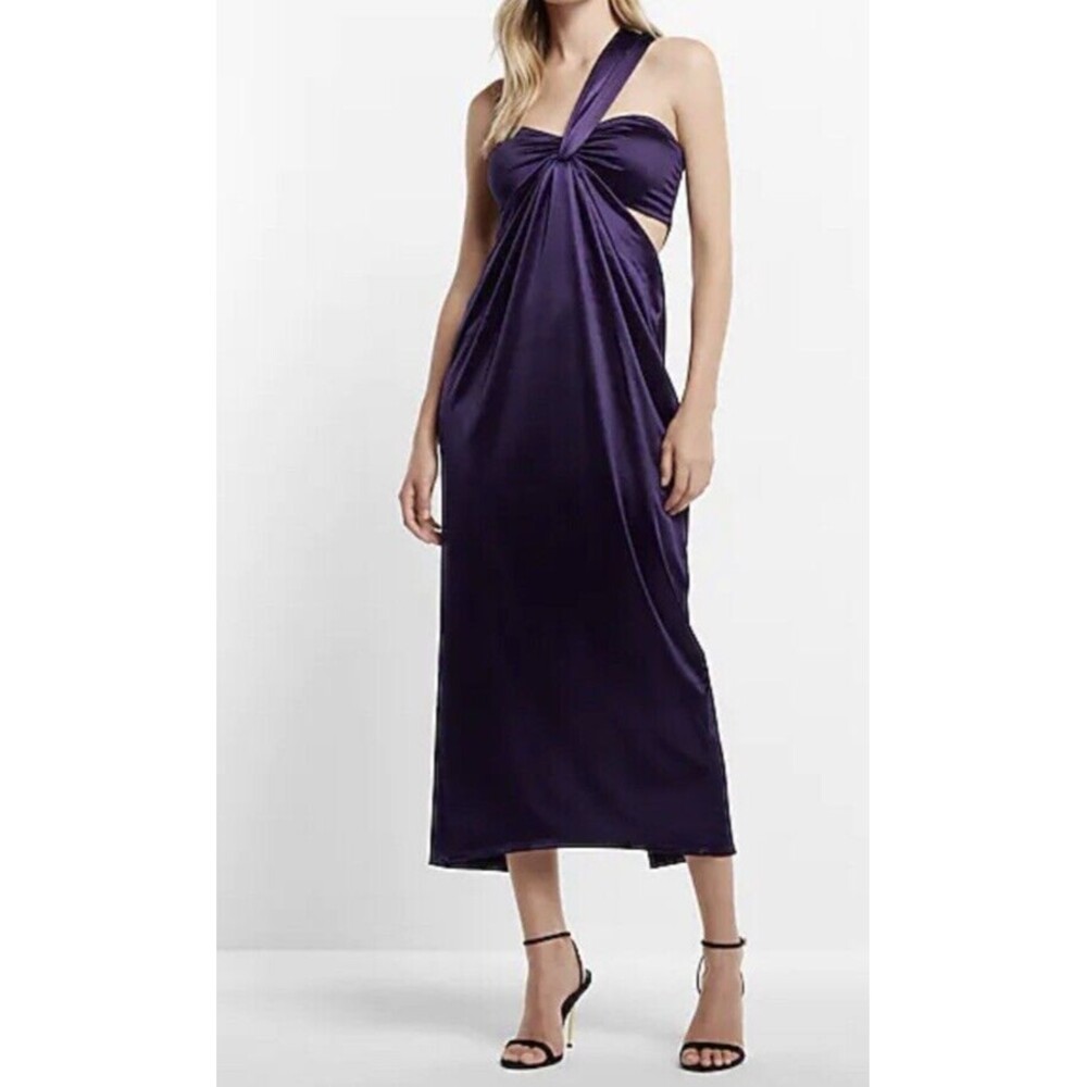 Express Womenโs S Satin Midi Dress Purple One Shoulder Front Twist Lined NWT